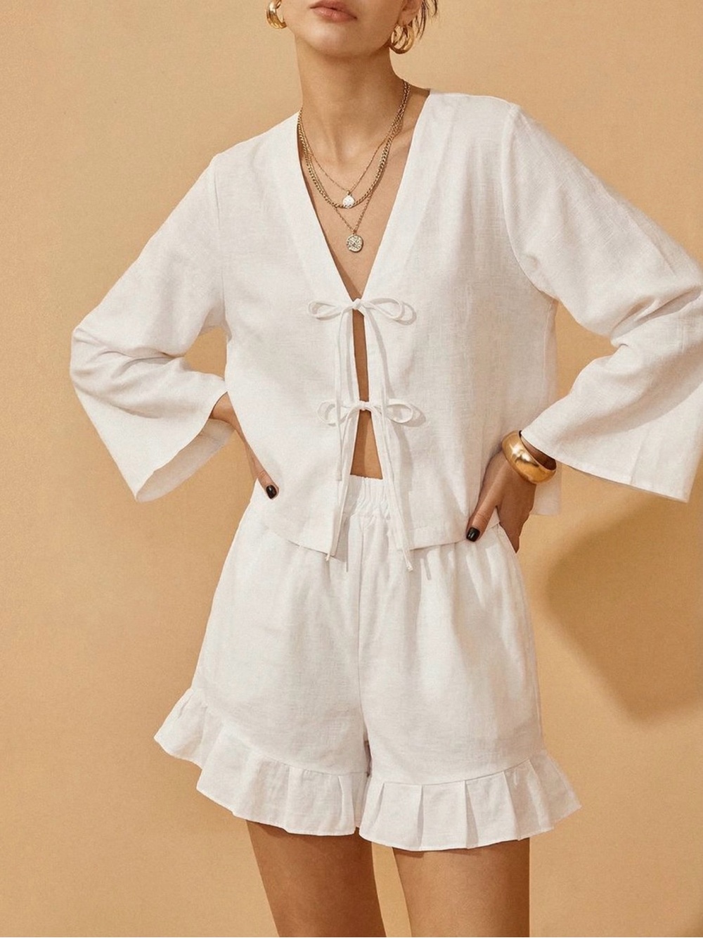 COMMENSE Cotton Tie-Front Blouse Ruffle Shorts Set M